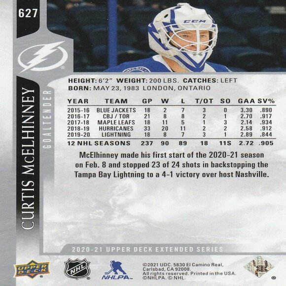 Curtis McElhinney - 2020/2021 Upper Deck Extended Series Hockey Card - Picture 2 of 2
